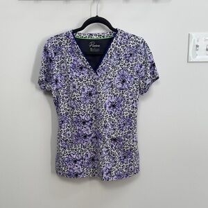 Purple Floral Leopard Print Short Sleeve scrub Top